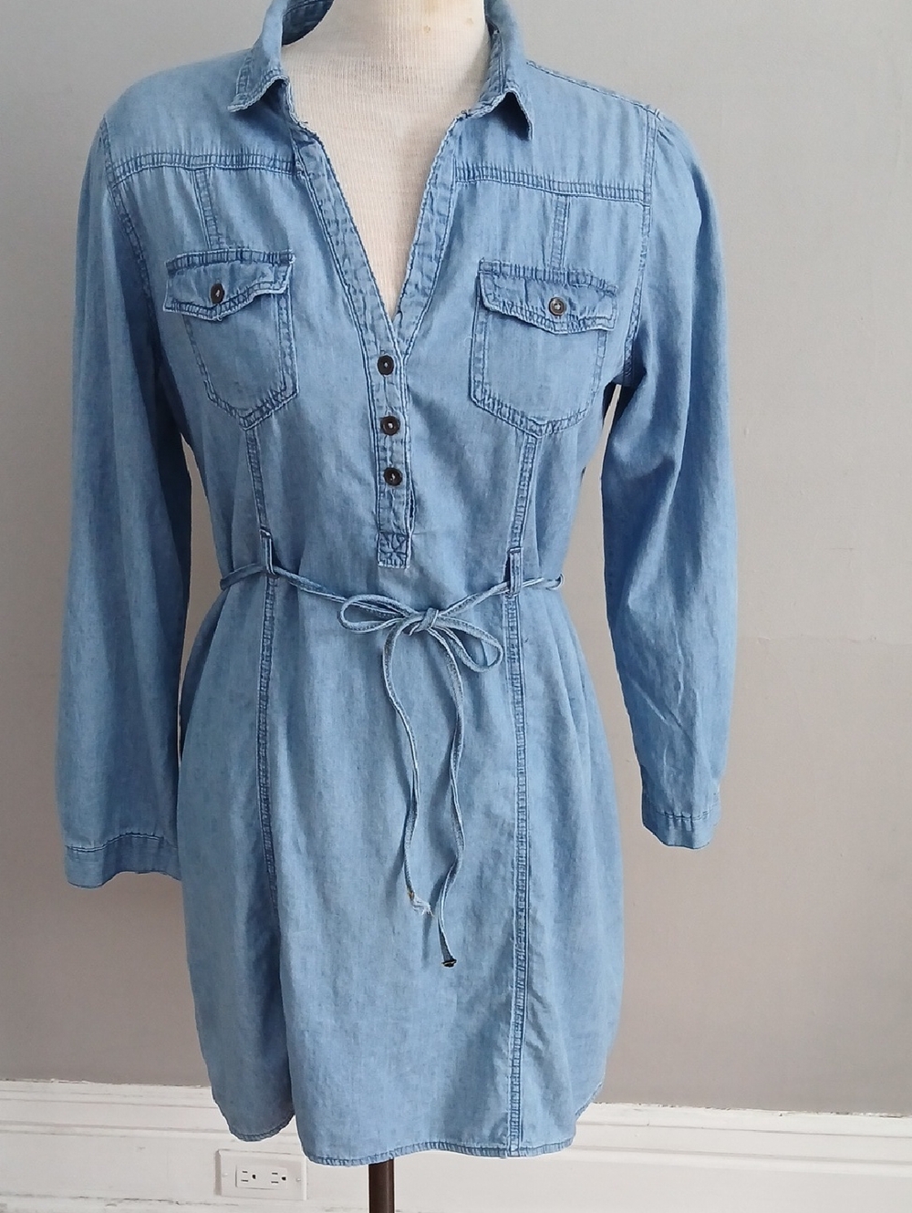 Light Blue Denim Shirt Dress with Tie Waist 100%Cotton